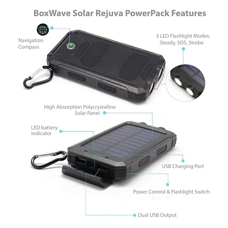 MyFlip Battery, BoxWave [Solar Rejuva PowerPack (6000mAh)] Solar Powered Backup Power Bank for MyFlip - Jet Black