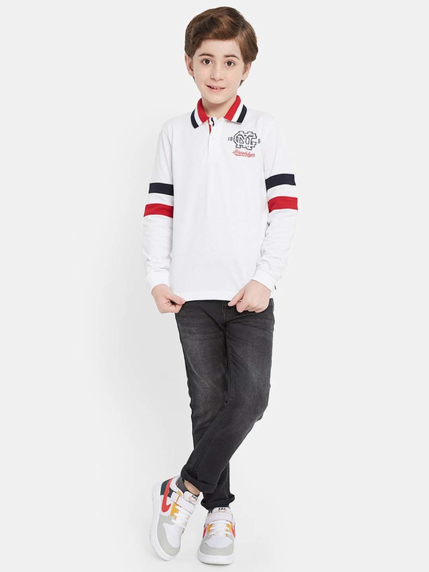 Octave Boys White Cotton Printed Full Sleeves Polo T-Shirt