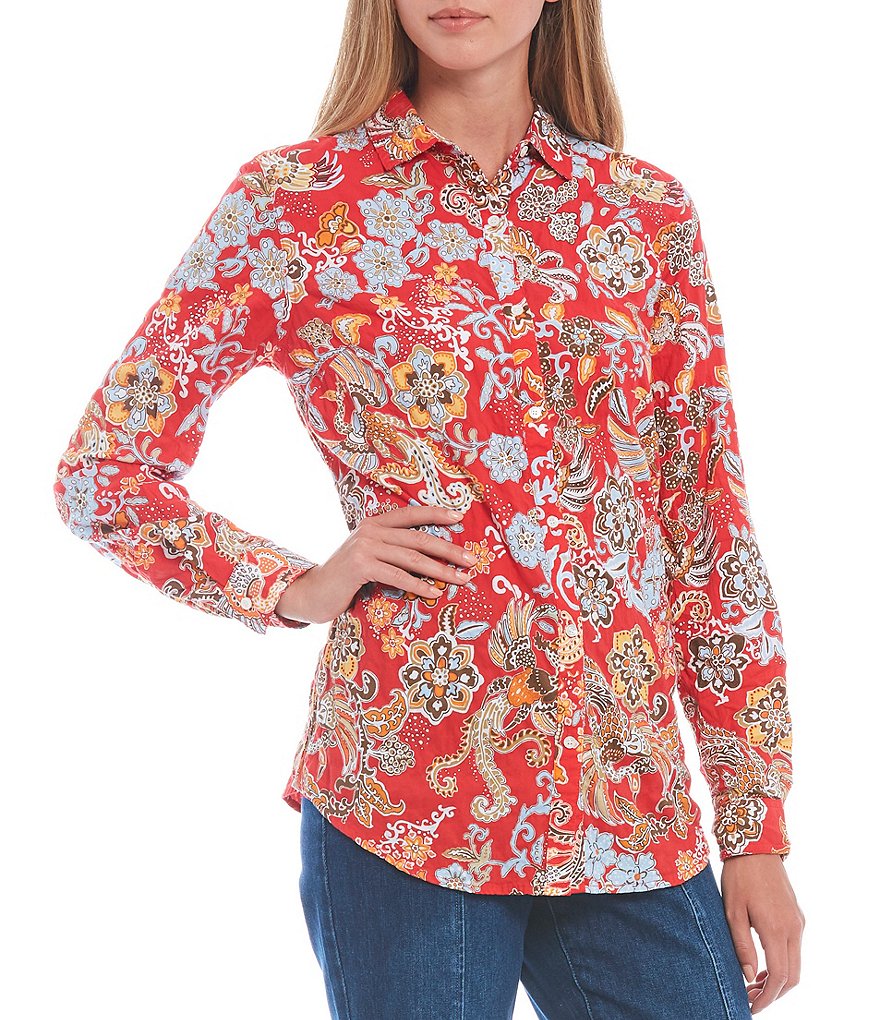 J.McLaughlin Lois Floral Print Crinkle Stretch Cotton Point Collar Long Sleeve Blouse