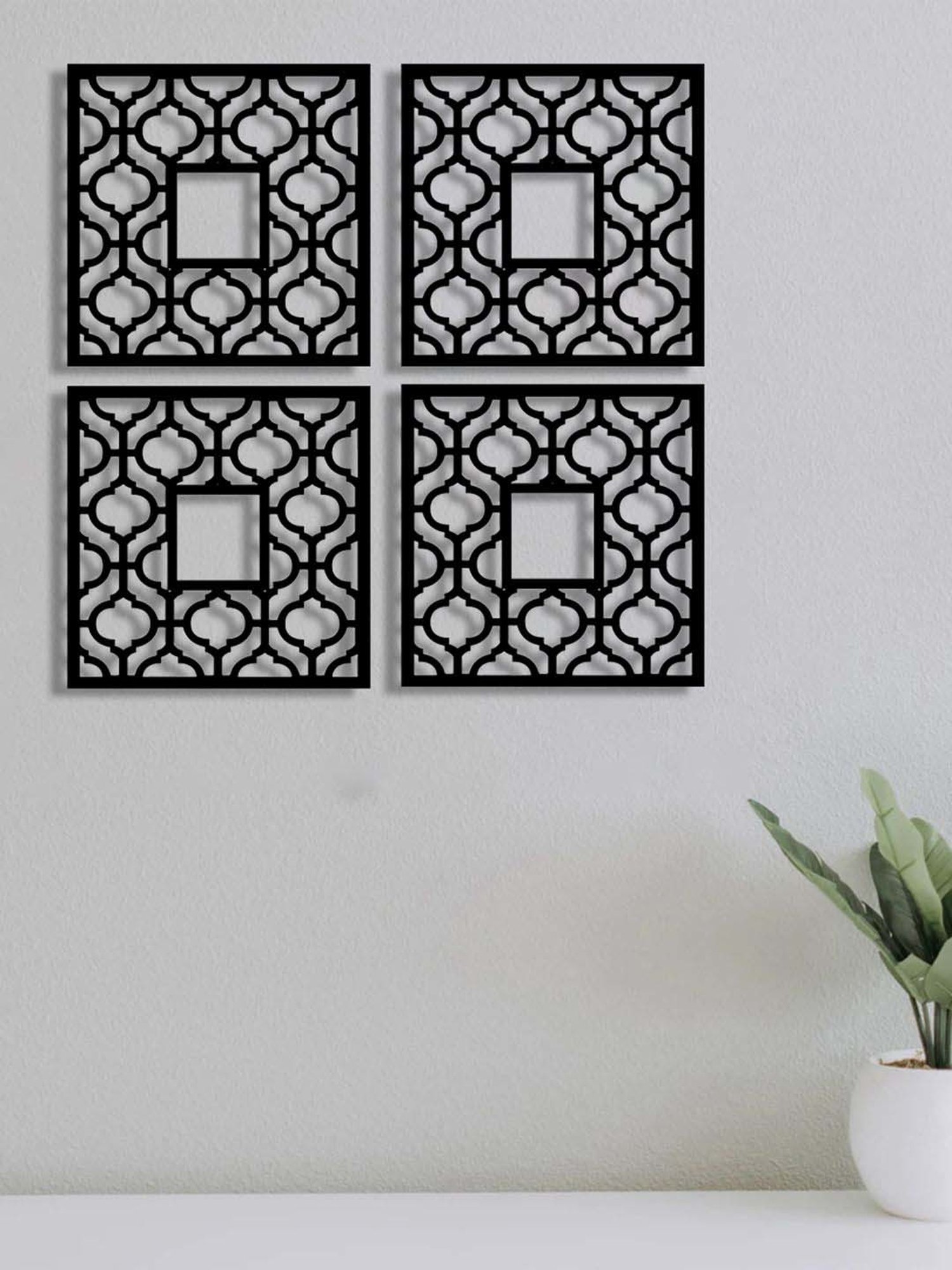 Art Street Black Mdf Jharokha Jali Square Hanging Wall Art - Set of 4