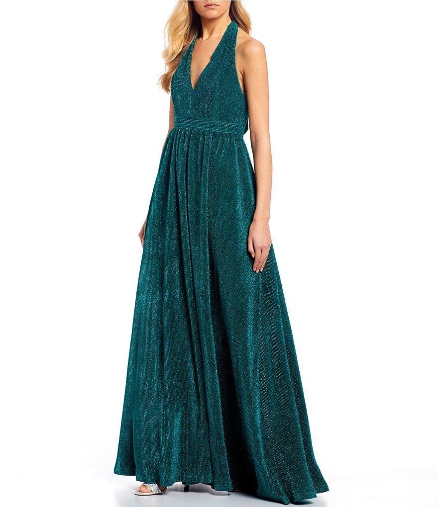 Dear Moon Pleated Metallic Knit Bow-Back Ball Gown