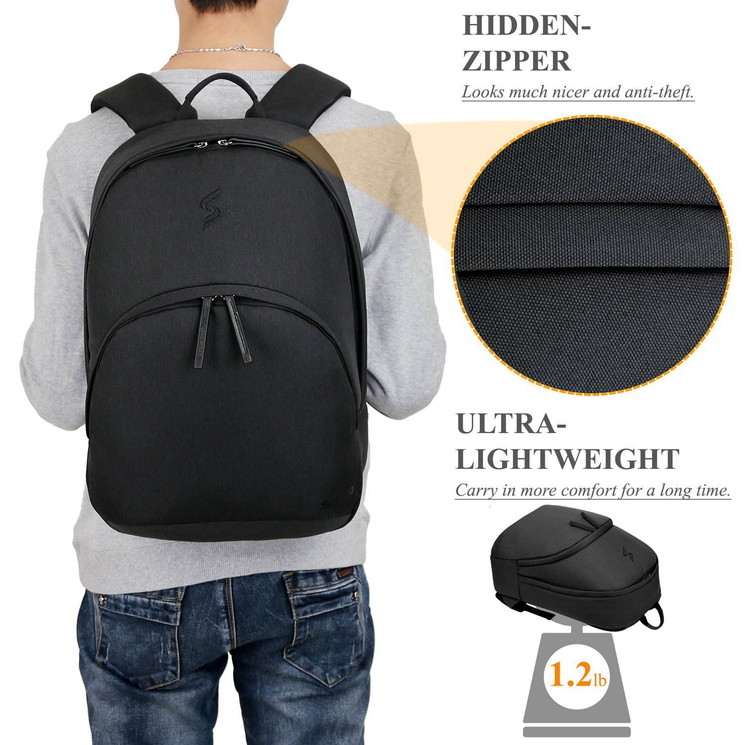 SOCKO Laptop Backpack 15.6 Inch, Ultra Lightweight Slim Water Resistant Casual Daypack Travel Business Backpack School Student Bag College Backpack for 13,14,15-Inch Laptops / MacBook Computers,Black