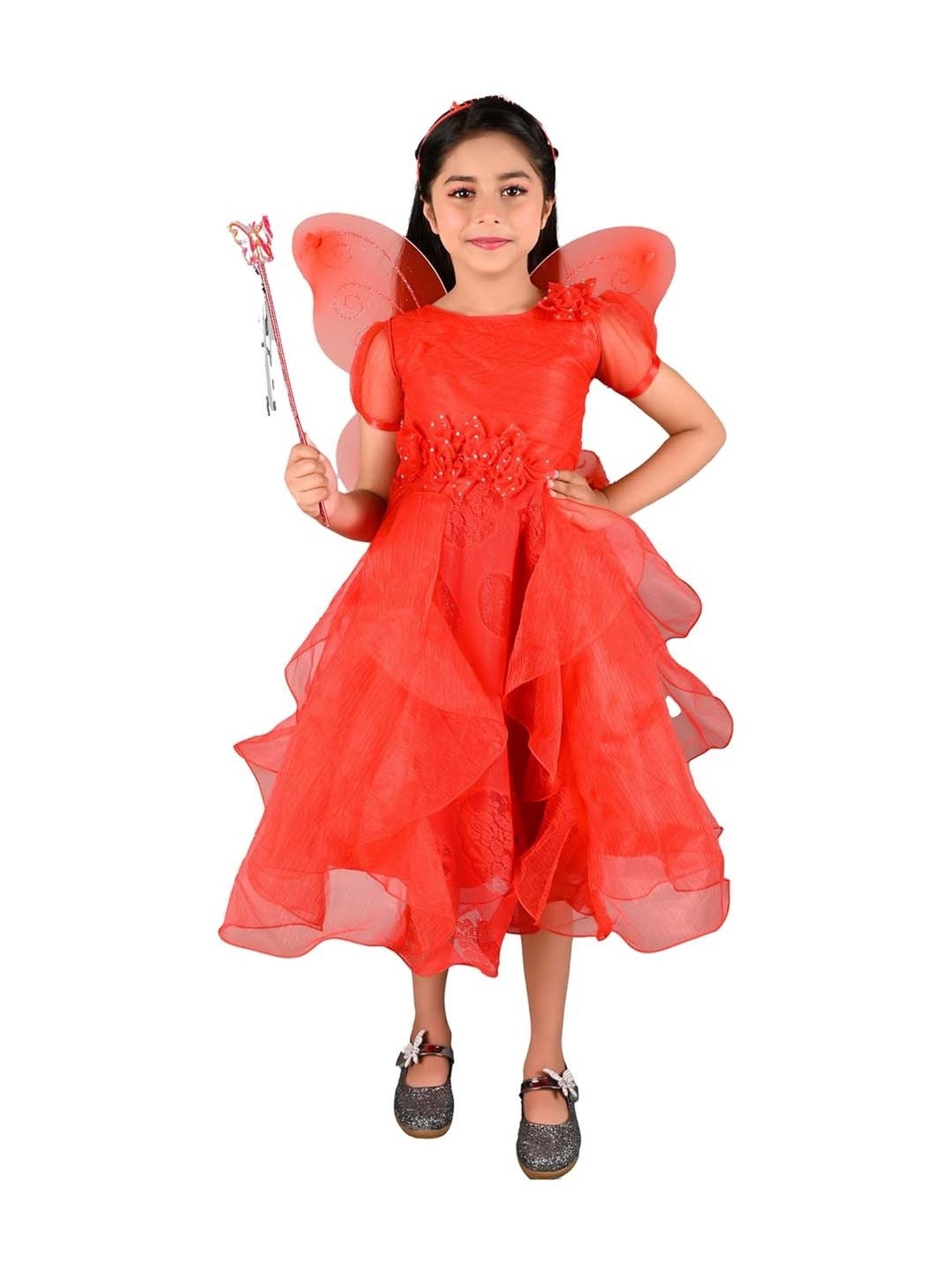 Ahhaaaa Kids Red Cotton Sequence Dress