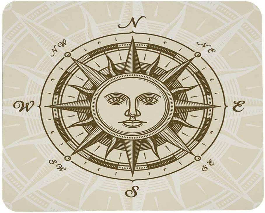 Wozukia Compass Mouse Pad Sun Face Ancient Travel Nautical East West South North Rose Vintage Personalized Design Non-Slip Rubber Mouse Pad Rectangle Mouse Mat 9.5x7.9 Inch