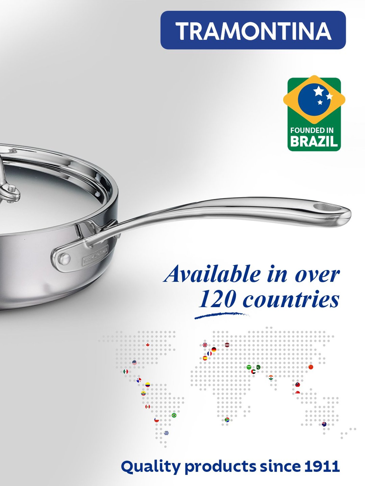 Tramontina Fusao Non-Toxic Triply Stainless Steel Ceramic Deep Saute Pan & lid 24cm/2.8L