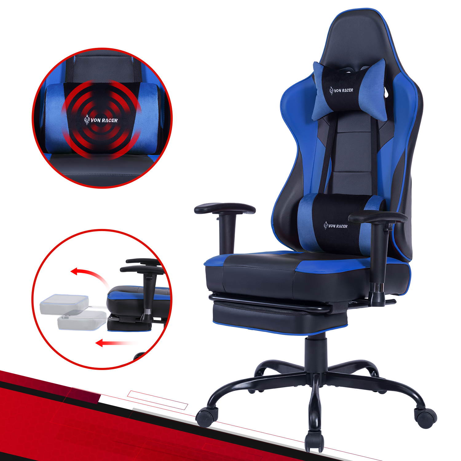 VON RACER Massage Gaming Chair - High Back Racing PC Computer Desk Office Chair Swivel Ergonomic Executive Leather Chair with Footrest and Adjustable Armrests(Grey)