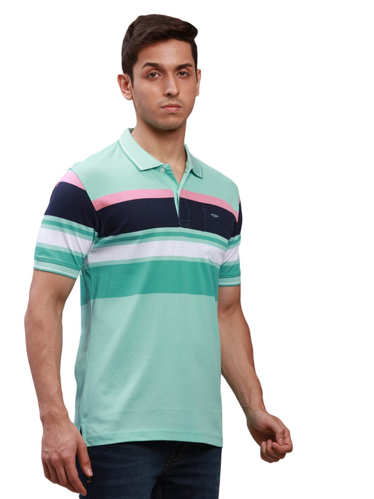 ColorPlus Blue Cotton Tailored Fit Striped Polo T-Shirt