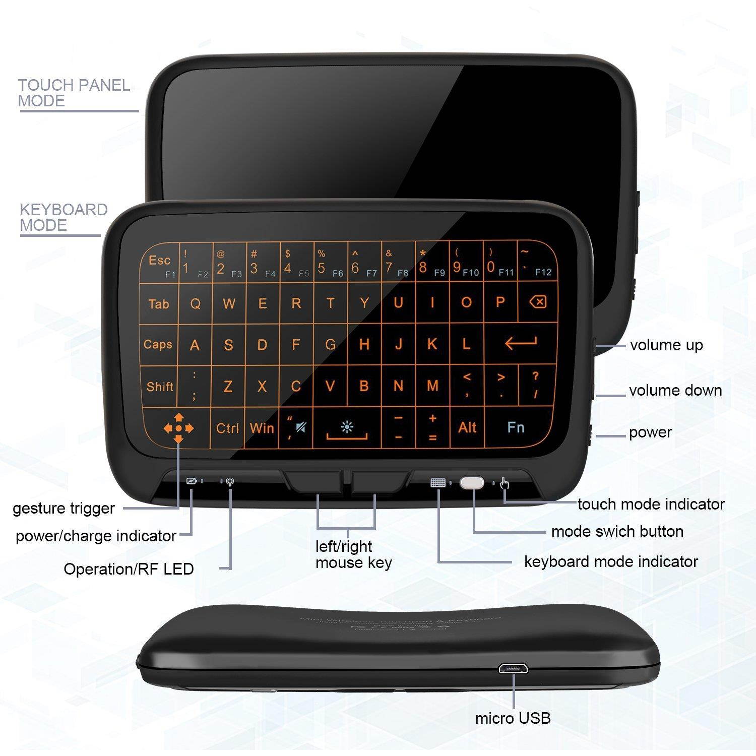 Ilebygo 2.4Ghz Mini Wireless Keyboard,Backllit Full Screen Mouse Touchpad Combo,Rechargeable Remote Control for PC,Android Tv Box,HTPC.IPTV,PS3,Pad,