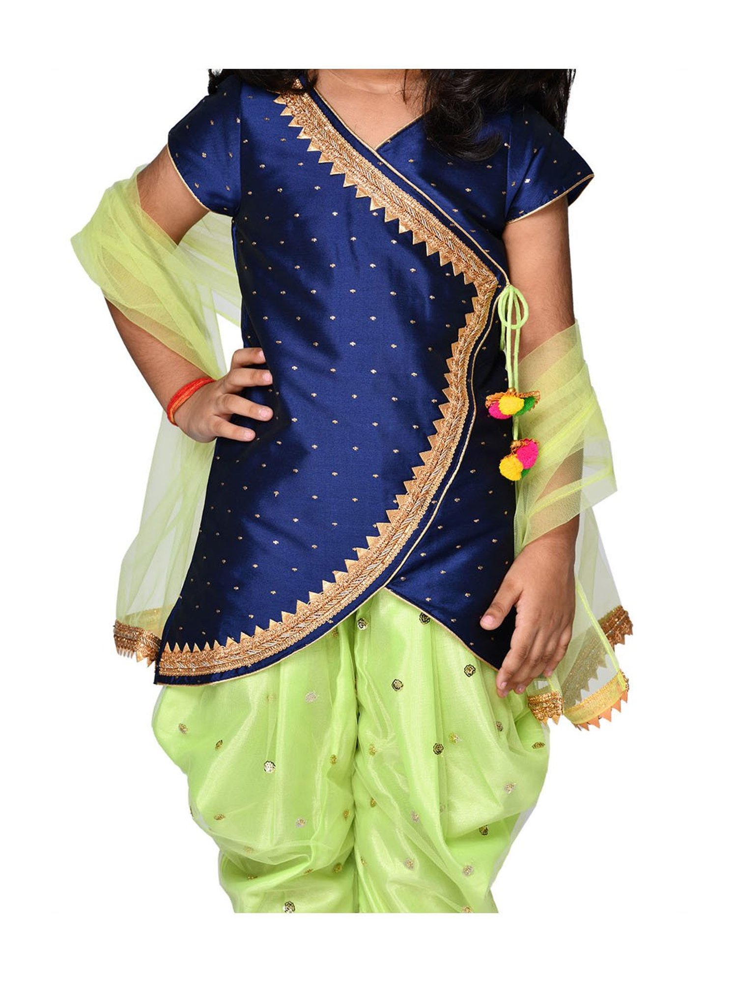 Saka Designs Kids Navy & Green Printed Kurti with Dhoti & Dupatta