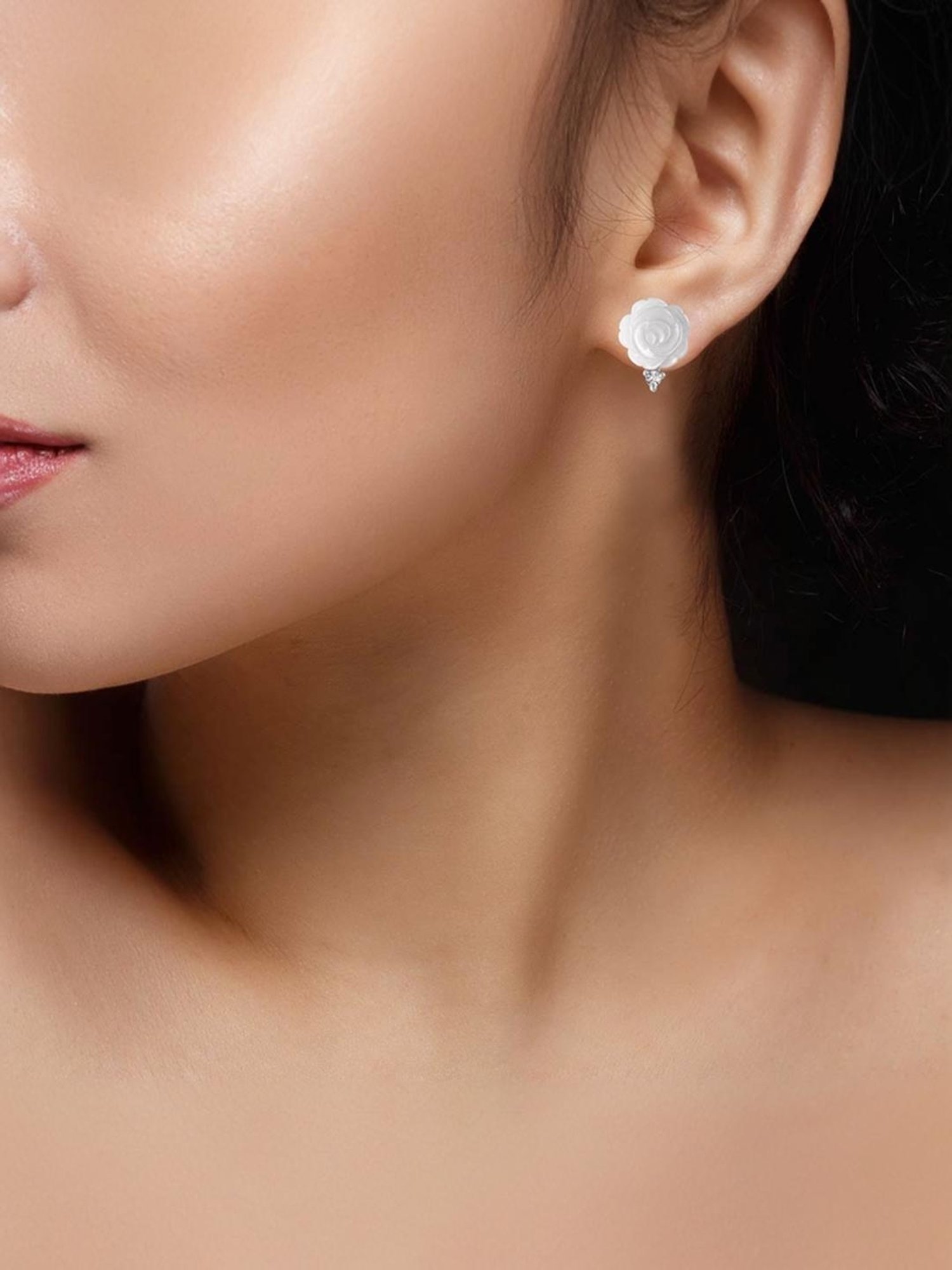 Rihi by P.C. Chandra Jewellers 92.5 Sterling Silver Mother of Pearl White Rose Stud Earrings