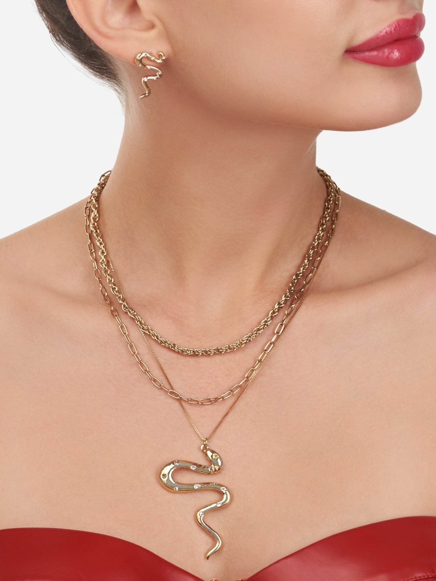 Zaveri Pearls Gold Tone 3 Layers Contemporary Snake Design Chain & Necklace & Earring Set