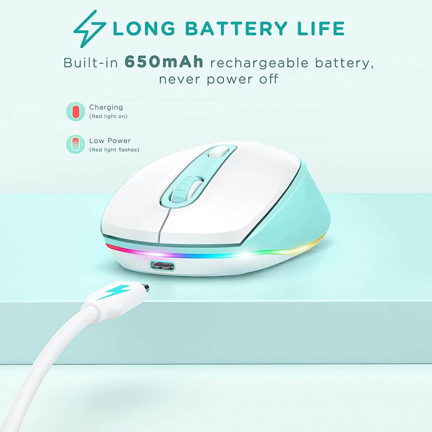 LED Wireless Mouse seenda Ultra Silent Rechargeable Light Up Mouse with USB Receiver Comfortable Cordless Mice and 3 Adjustable DPI for Kids Laptop Computer Chromebook Blue