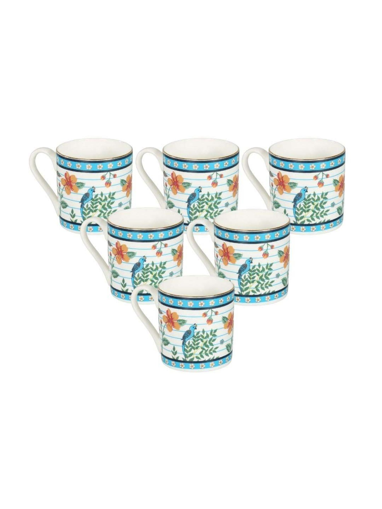 India Circus White & Sky Blue Ceramic 10 cm Coffe Mug (0.22 L) - Set of 6