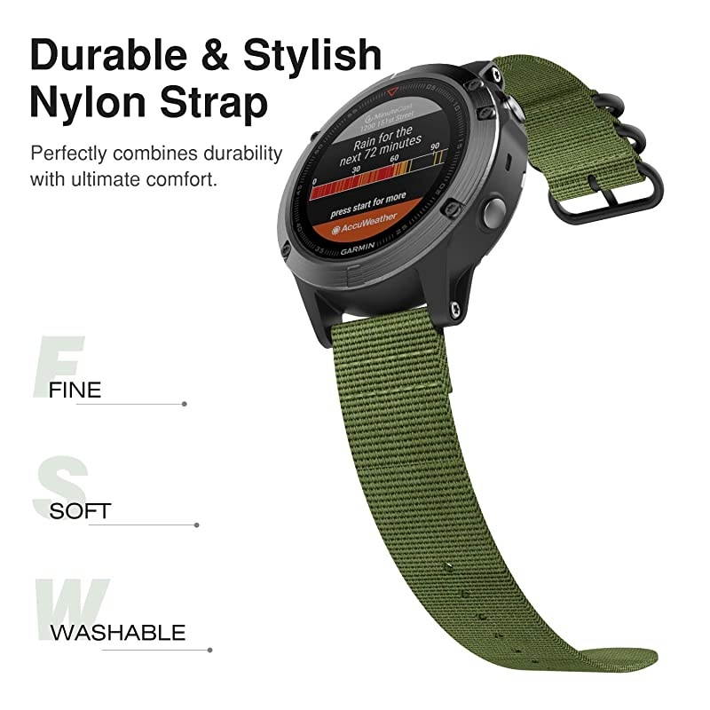 Band Compatible with Garmin Fenix 66 ProFenix 55 PlusForerunner 935 Fine Woven Nylon Adjustable Replacement Strap with Metal Buckle Army Green
