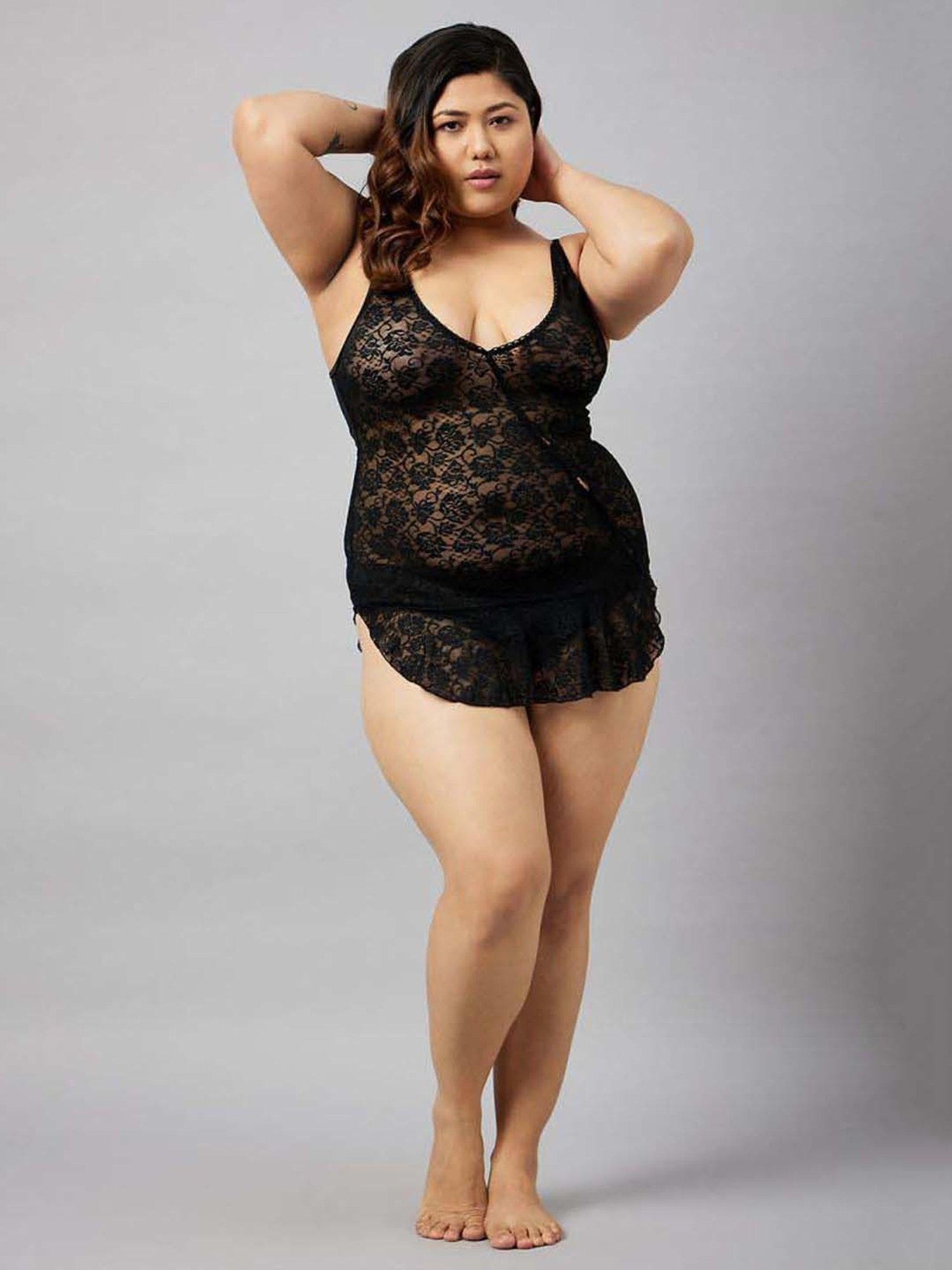 Secrets By ZeroKaata Purple & Black Lace Work Babydoll With Panty - Pack Of 2