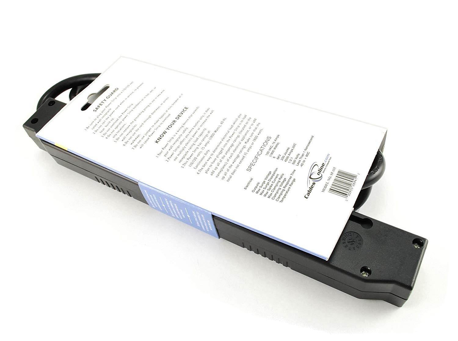 CablesOnline 6 Outlet Surge Strip , Horizontal , 250 Joules, (6 ft.) Cable, with Right Angle Plug