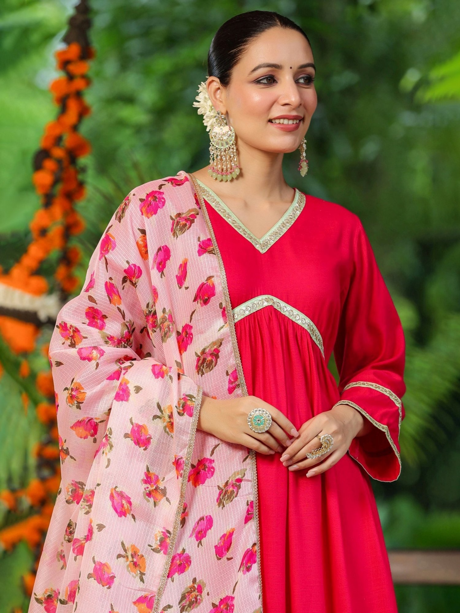 Rain and Rainbow Fuchsia Pink Embroidered Kurta Pant Set With Dupatta
