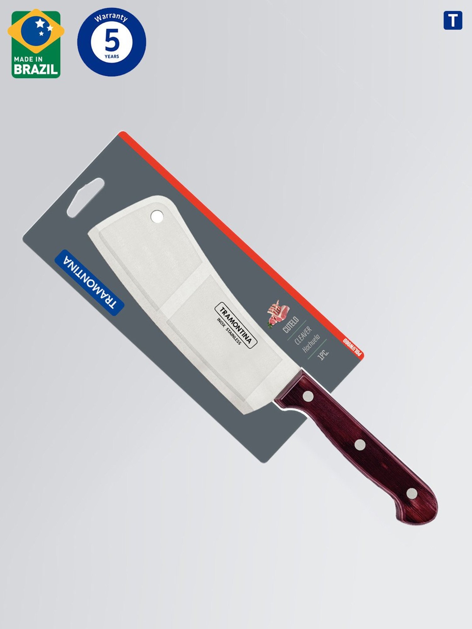 Tramontina Polywood Stainless Steel Cleaver Knife 6" Plain Edge Polywood Handle Kitchen Knife