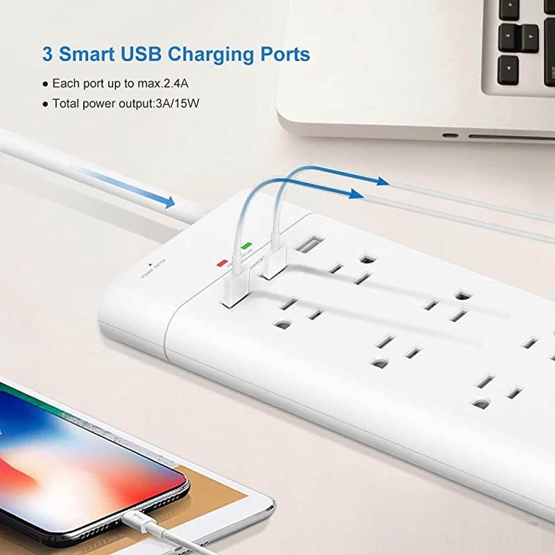 Power Strip with 3 USB Port,  Surge Protector 8-Outlet 4.5ft USB Charging Station, Wall Mount Heavy Duty Extension Cord, FCC ETL Listed, White