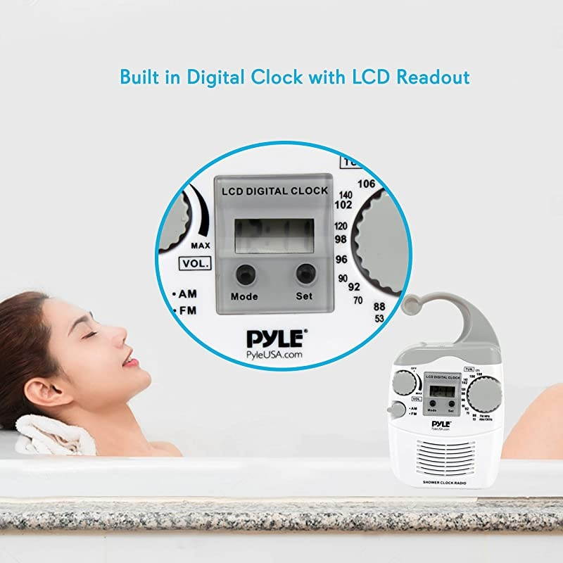 Hanging Waterproof Shower Clock Radio Wireless Mini Portable Waterproof Battery Operated Shower Radio Speaker w Digital Clock LCD Screen for Home Beach Hot Tub Bathroom Outdoor  PSR6