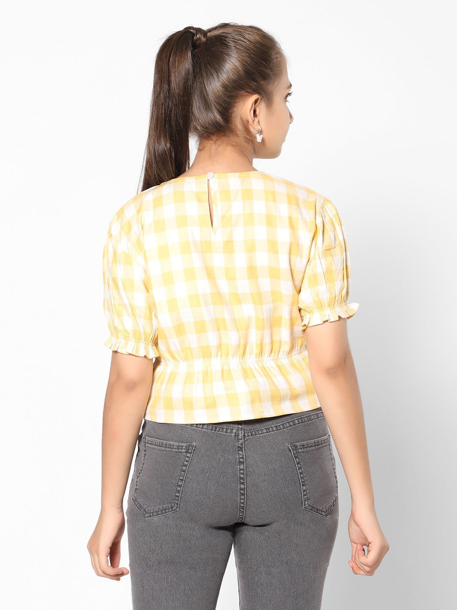 TeenTrums Girls Yellow & White Checks Crop Top