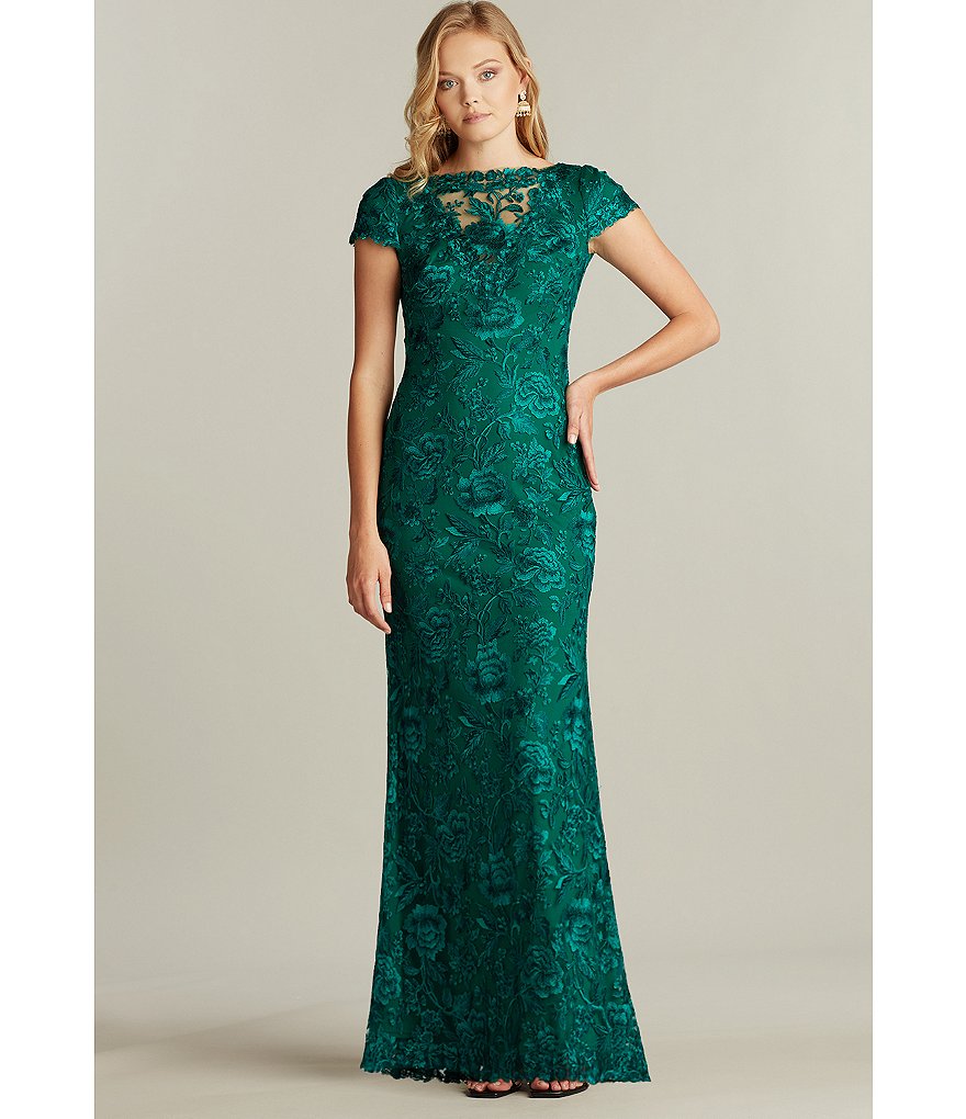 Tadashi Shoji Short Sleeve Illusion Boat Neck Floral Lace Gown