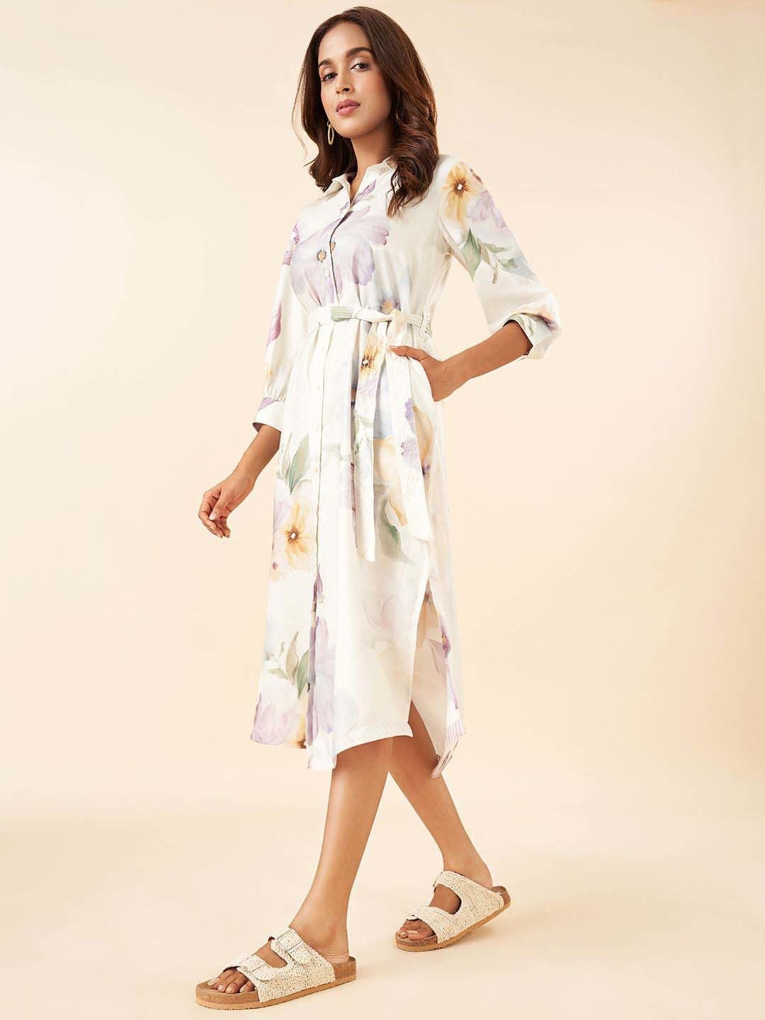 Akkriti by Pantaloons Purple Linen Printed A-Line Dress