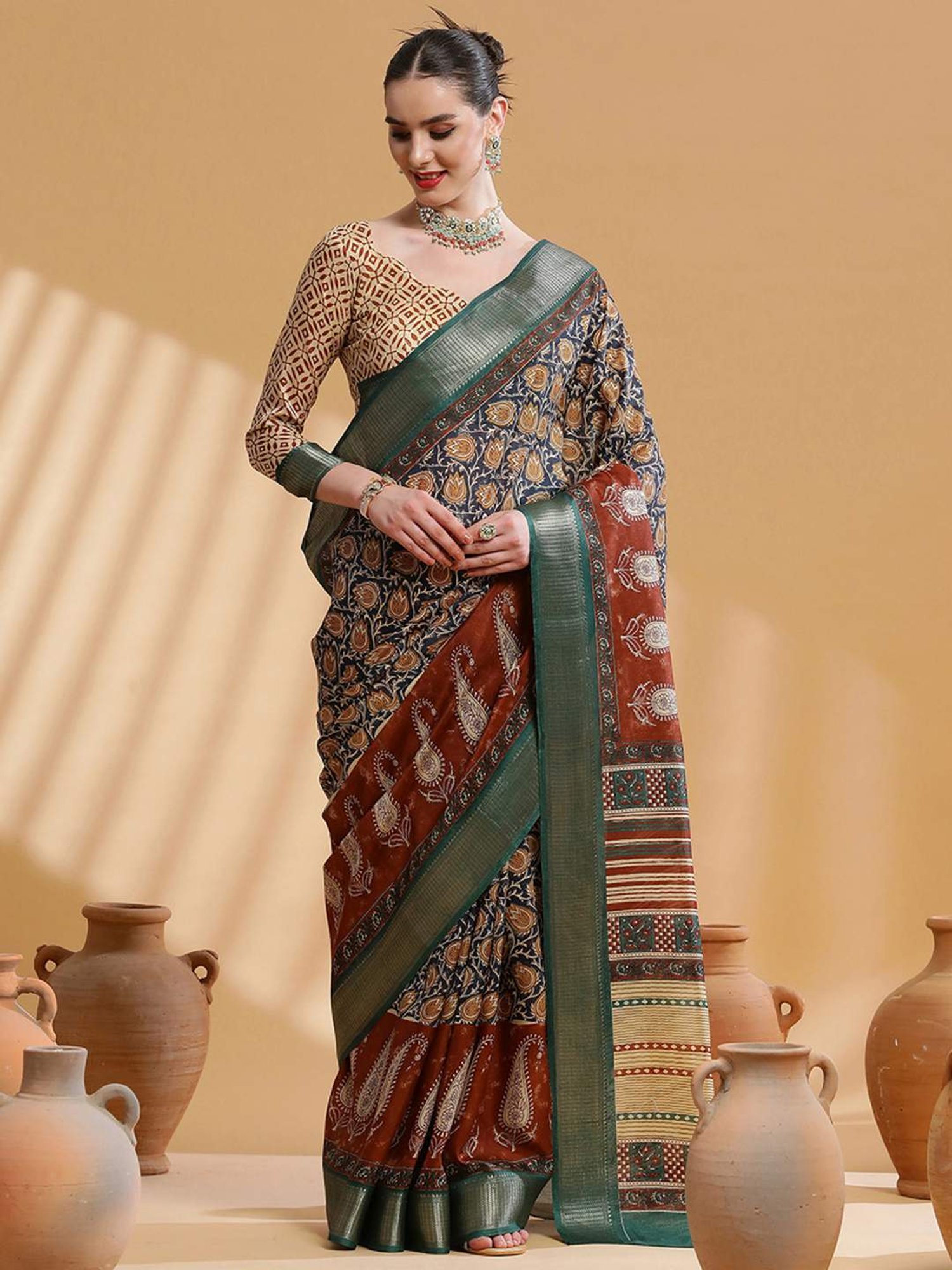 Saree Mall Navy Printed Saree With Unstitched Blouse