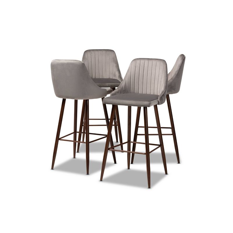 4pc Walter Velvet Fabric Upholstered Counter Height Barstool Gray/Walnut - Baxton Studio