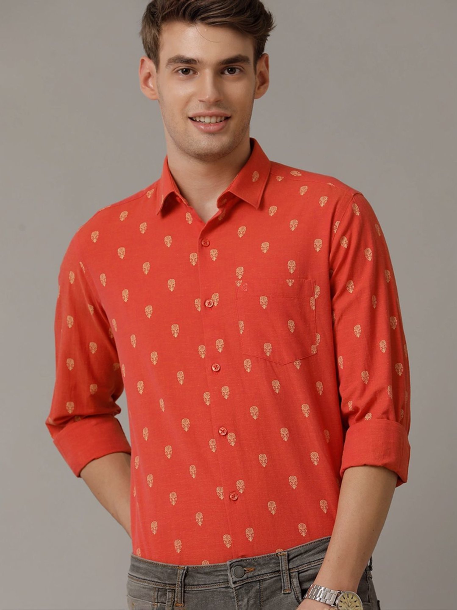 Cavallo By Linen Club Red Linen Contemporary Fit Printed Shirt