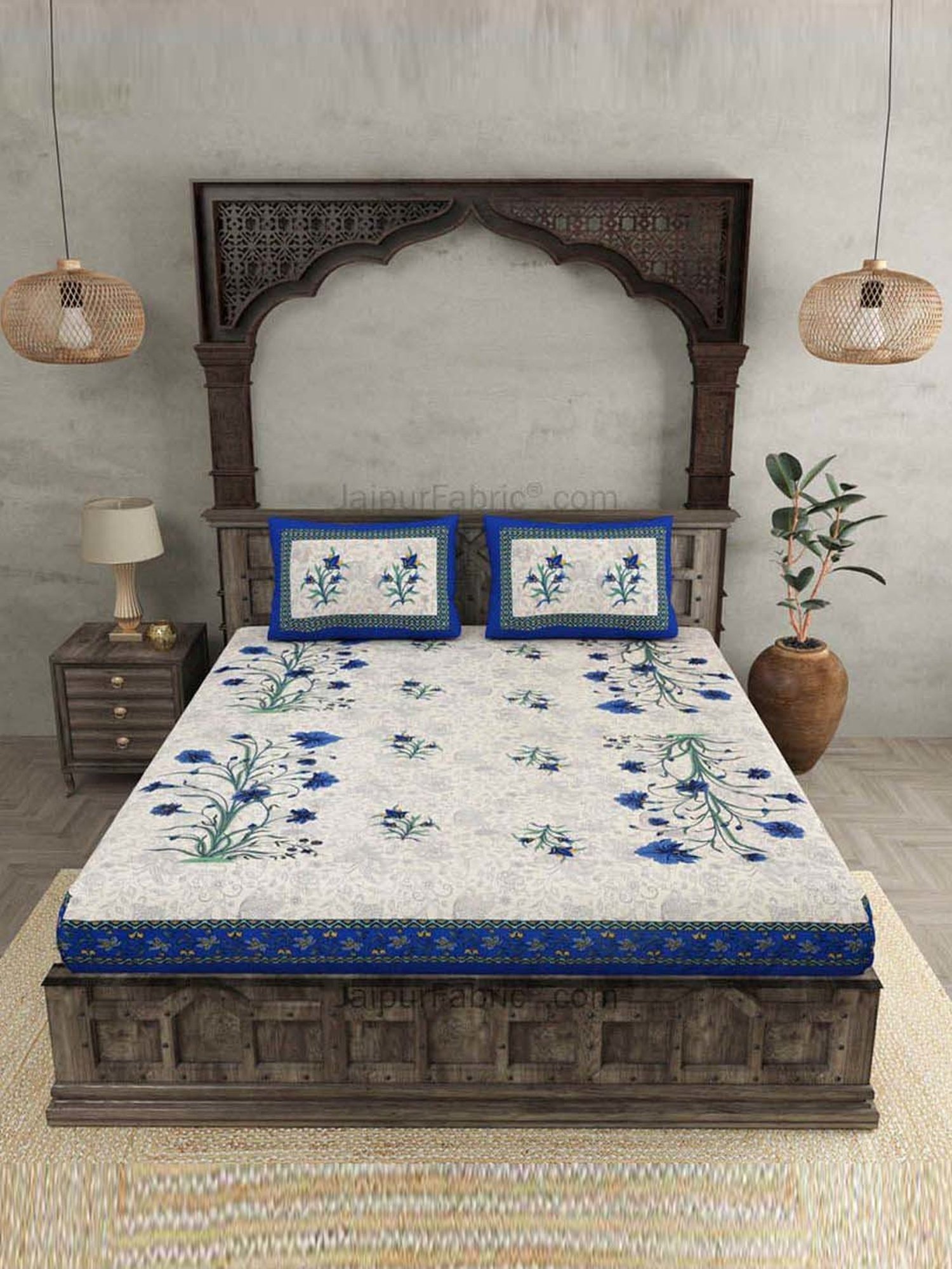 JaipurFabric Blue & Green 100% Pure Cotton 150 TC Double Bedsheet with 2 Pillow Covers