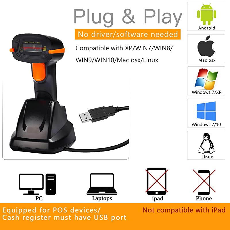 Wireless Barcode Scanner USB Cradle Charging Base Handheld Bar Code Reader 1D Automatic Sensing Fast and Precise Scanner
