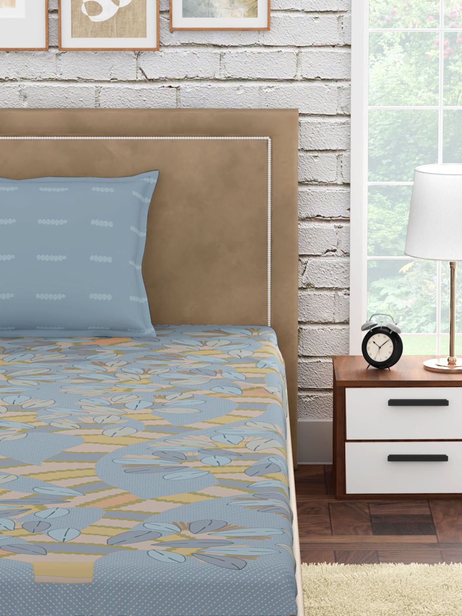 Petal Home Gondi Tree Floral Blue 300 TC Cotton Single Bed Sheet with 1 Pillow Cover