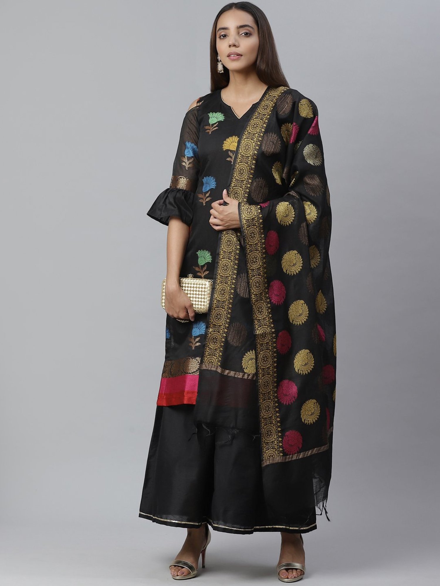 Chhabra 555 Black Textured Kurta With Sharara & Dupatta