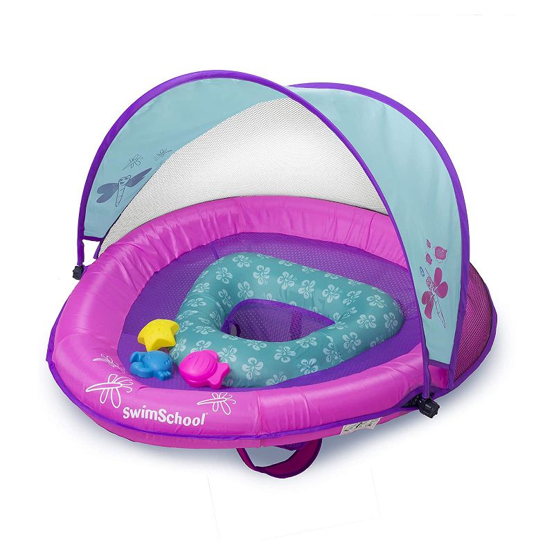 SwimSchool Baby Boat Splash and Play Float with Adjustable Safety Seat, Dual Air Pillow Chambers, and Sun Shade Canopy, Berry/Pink