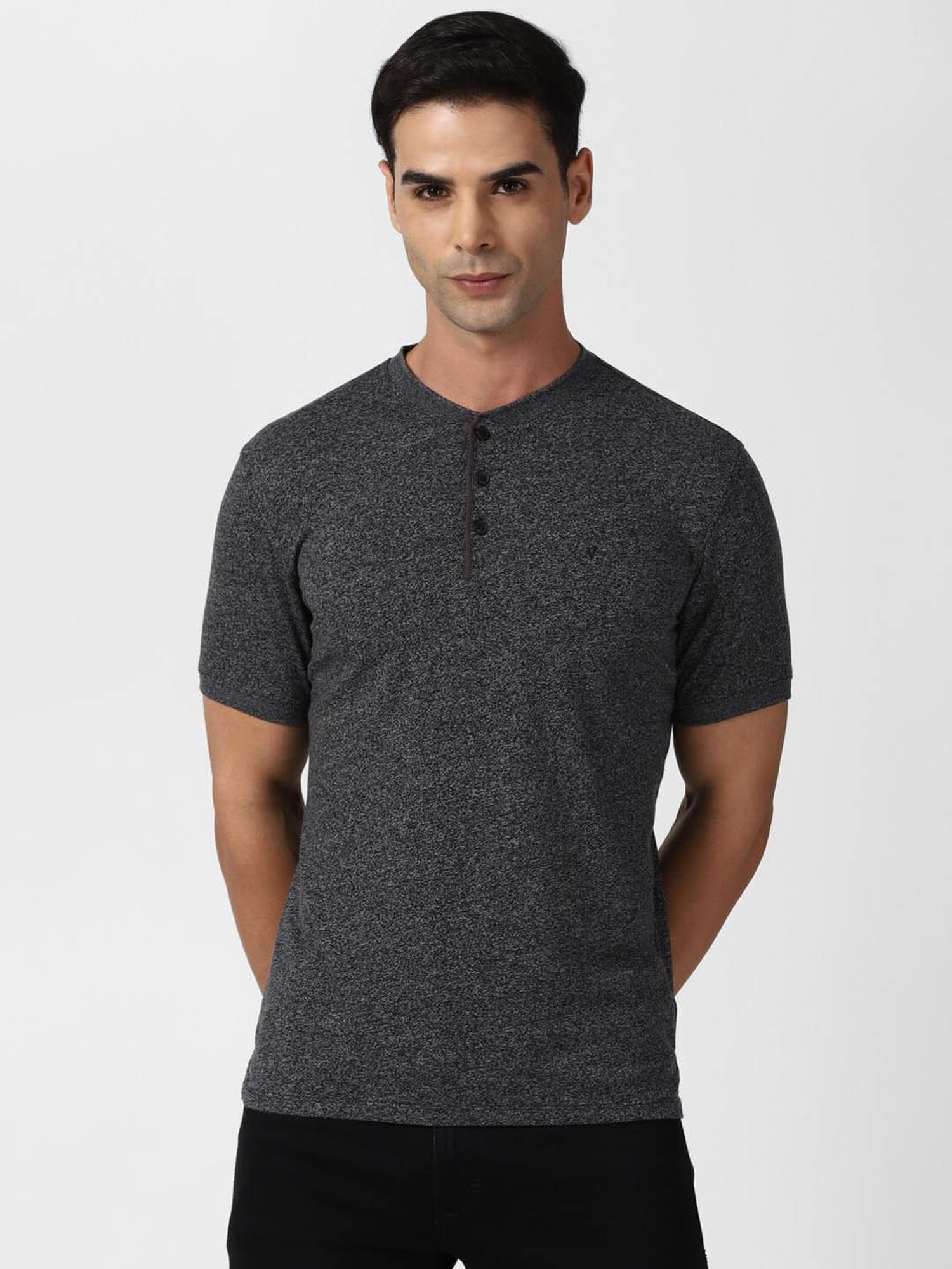 V Dot Grey Slim Fit Texture Henley T-Shirt