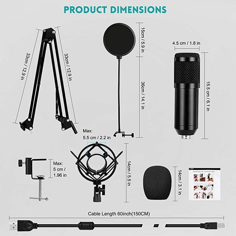 Condenser Microphone for Computer PC 192KHZ24BIT Professional Cardioid Microphone Kit with Adjustable Scissor Arm Stand Shock Mount Pop Filter for Karaoke YouTube Gaming Recording