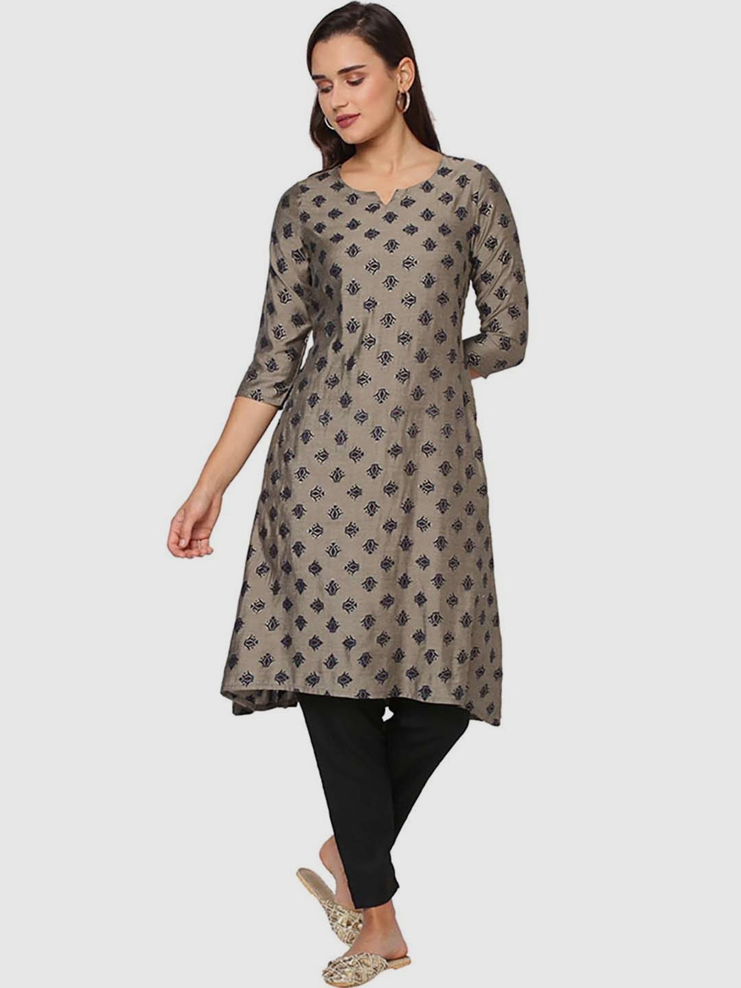 Fusion Beats Grey Printed A Line Kurta