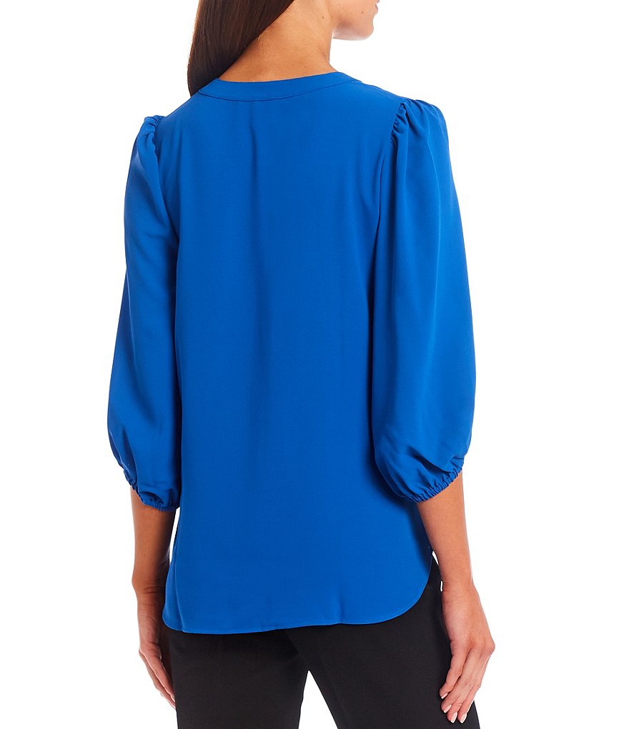 Anne Klein Split V-Neck 3/4 Lantern Sleeve Crepe de Chine Blouse
