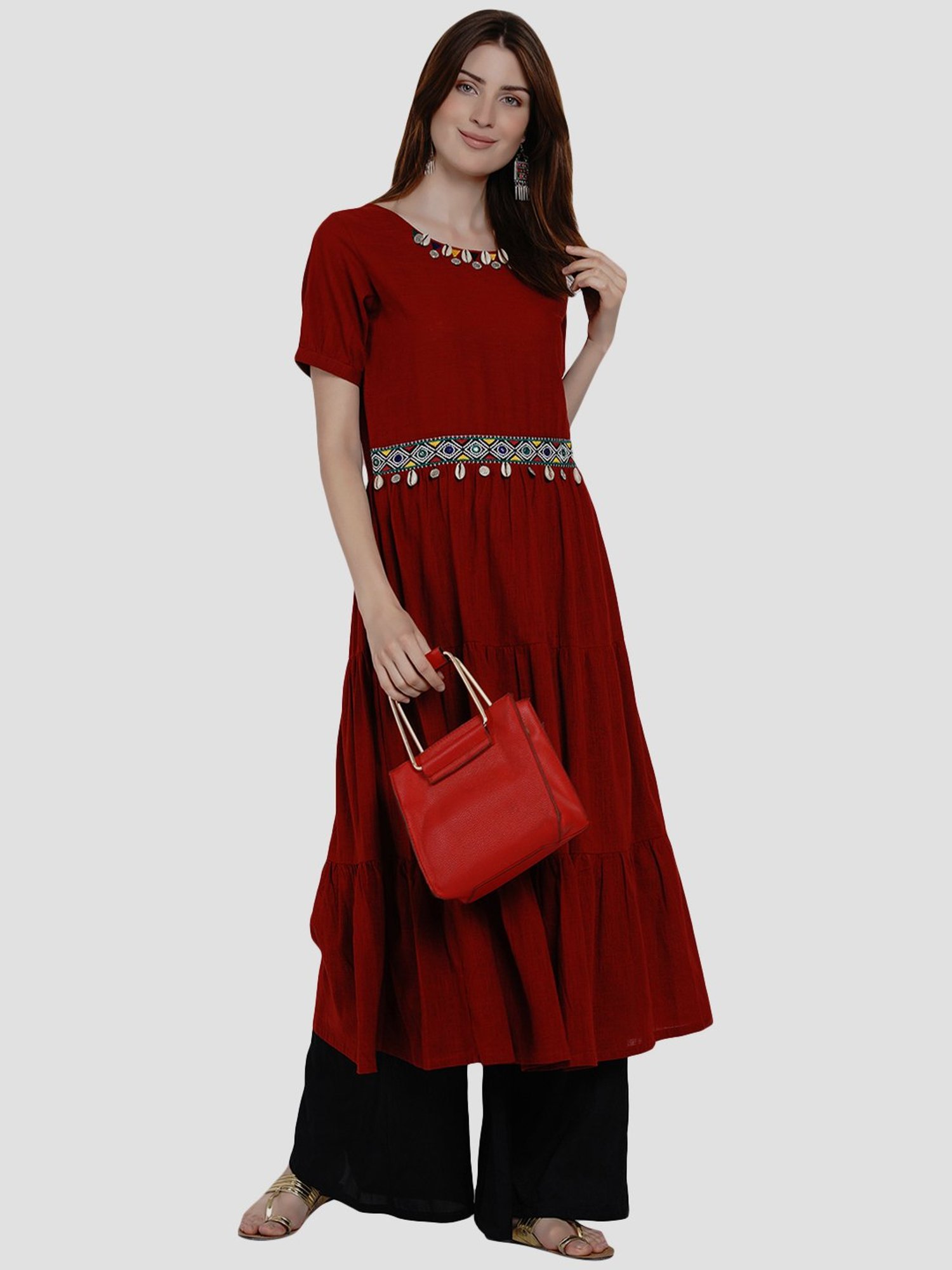 Fusion Beats Light Grey Embroidered A Line Kurta