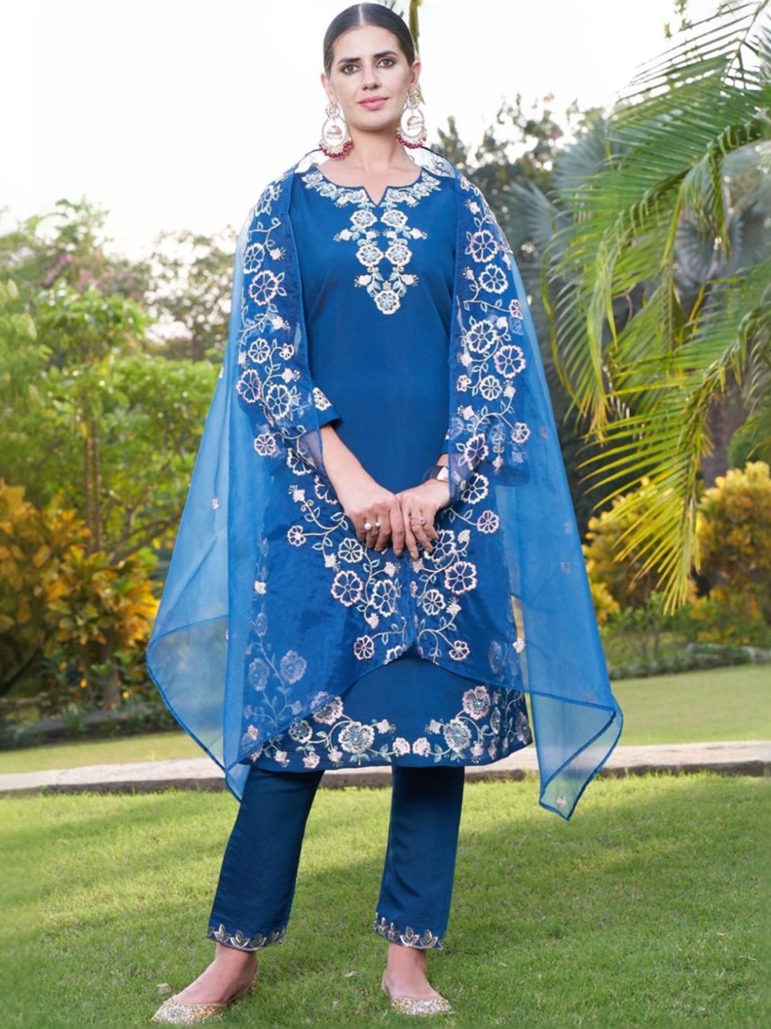 Autumnlane Blue Maksoor Azure Full Work Pakistani Kurta with Pant and Dupatta