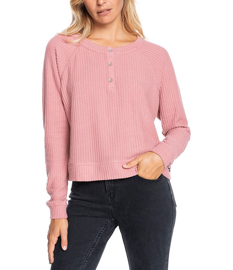Roxy Take It Home Long-Sleeve Waffle-Knit Thermal Sweatshirt