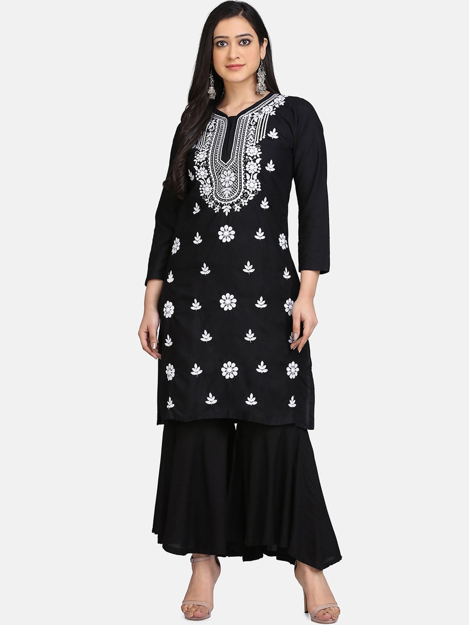 SHADES Black Chikankari Kurta Sharara Set