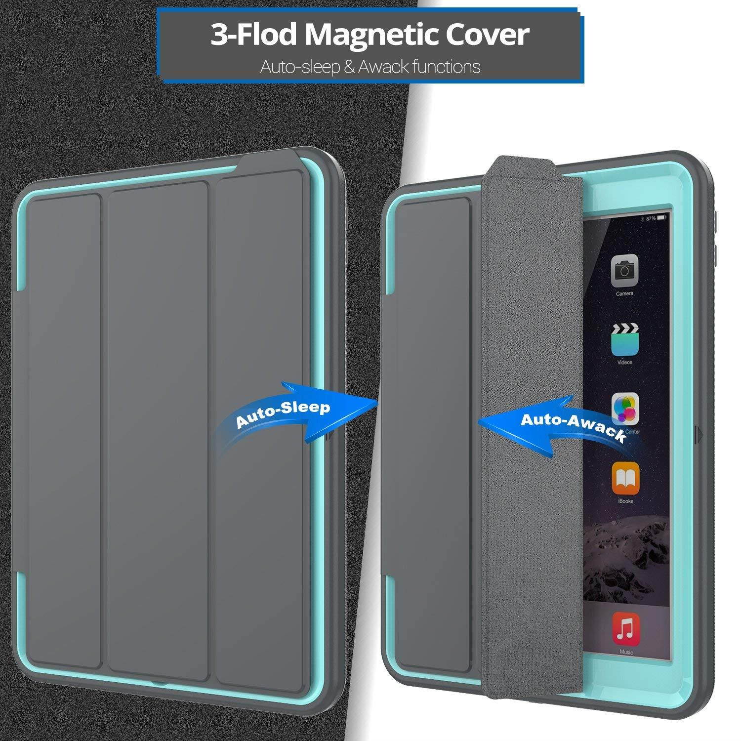 New iPad 9.7 2017/2018 case - DUNNO Heavy Duty Full Body Rugged Protective Case with Auto Sleep/Wake Up Stand Folio & Three Layer Design for Apple iPad 9.7 inch 2017/2018 (Grey/Light Blue)