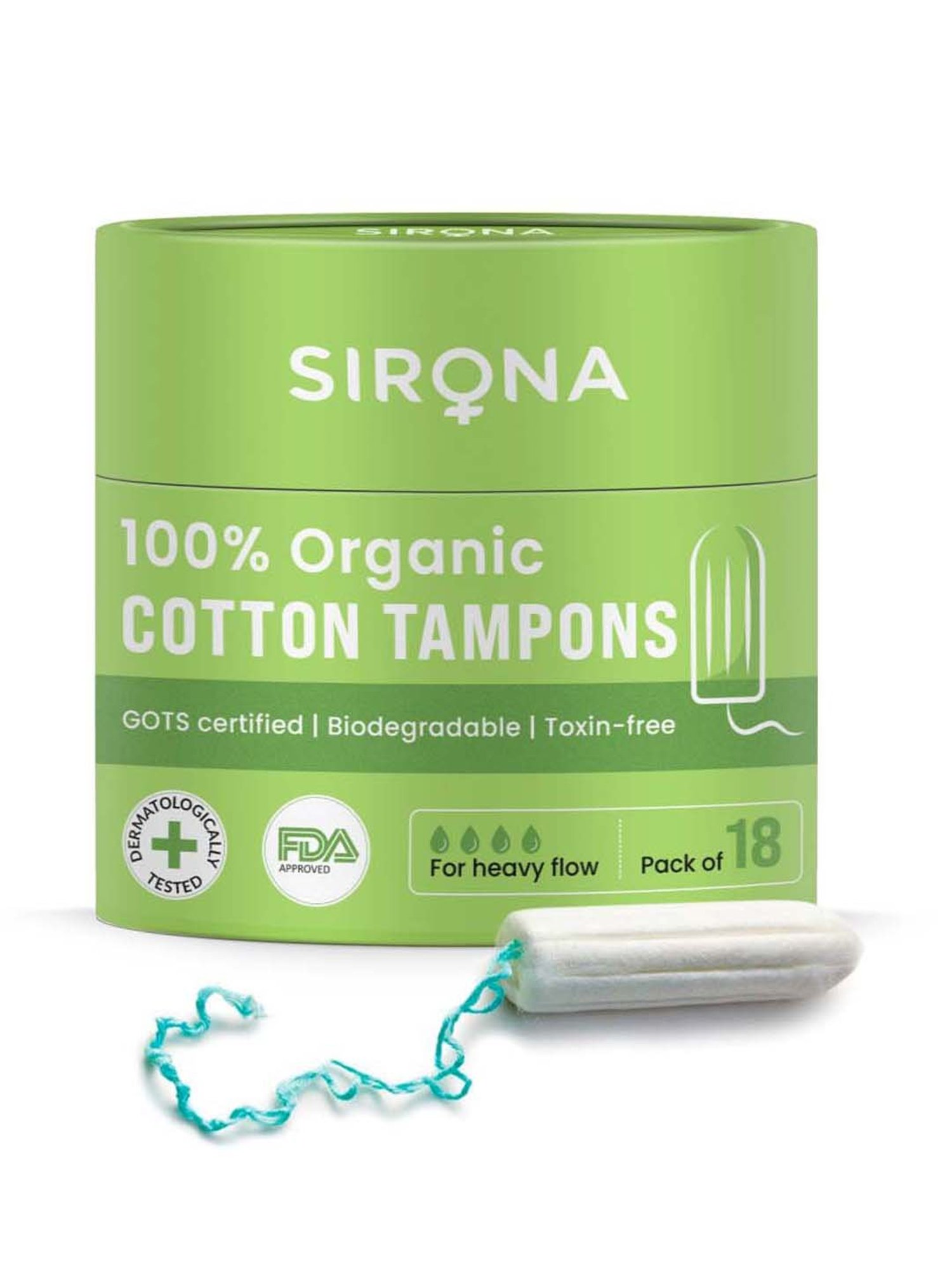 Sirona 100% Organic Cotton Tampons for Heavy Flow - 18 Pcs