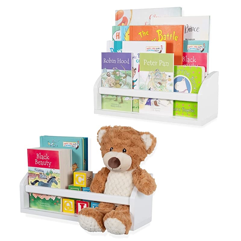 Lissa Wall Shelf 17" Wood Wall Mounted White Bookshelf for Nursery Wall Decor, Kids Storage Organizer Set of 2