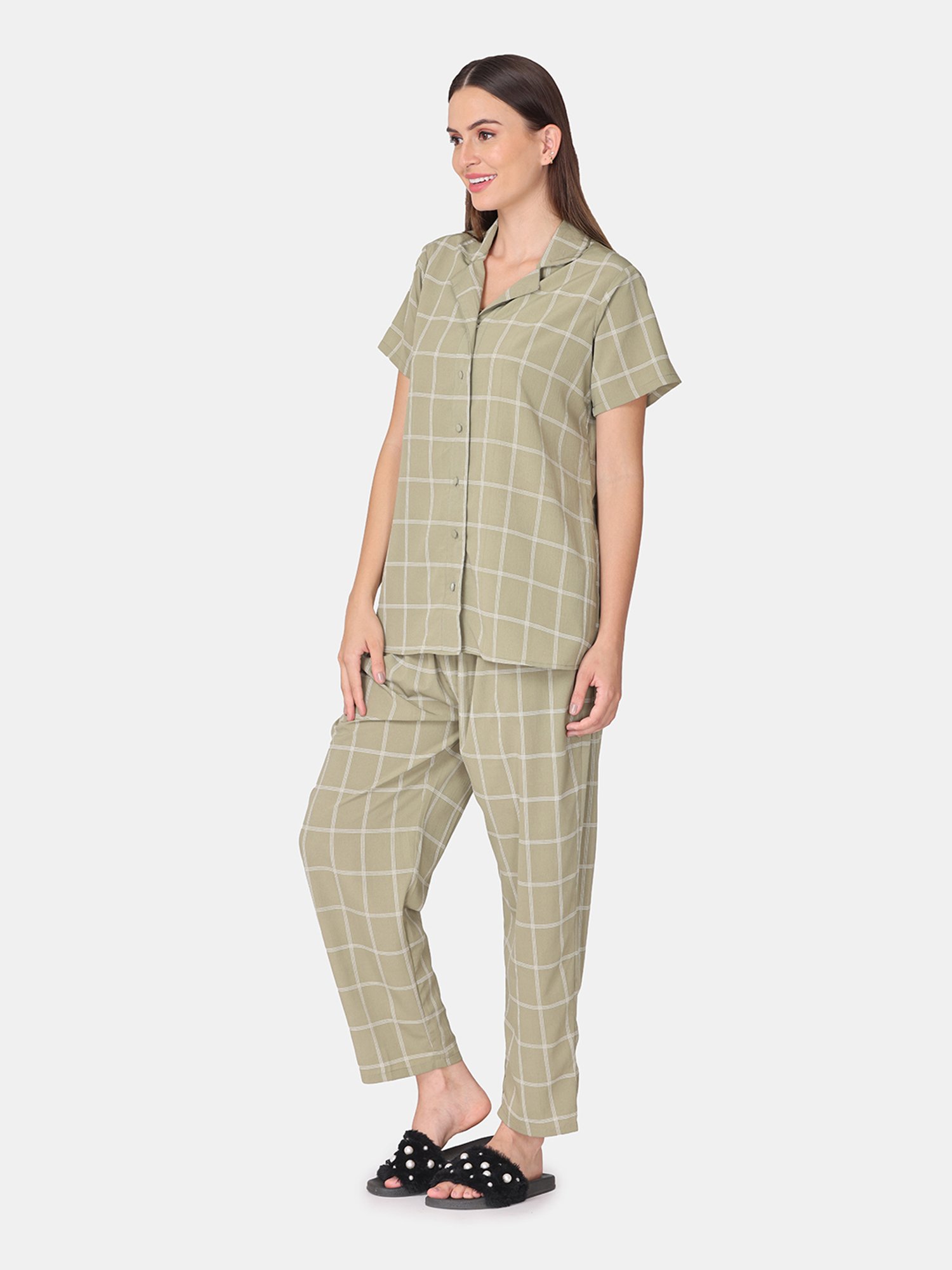 The Mom Store Green Check Feeding Shirt With Pyjamas