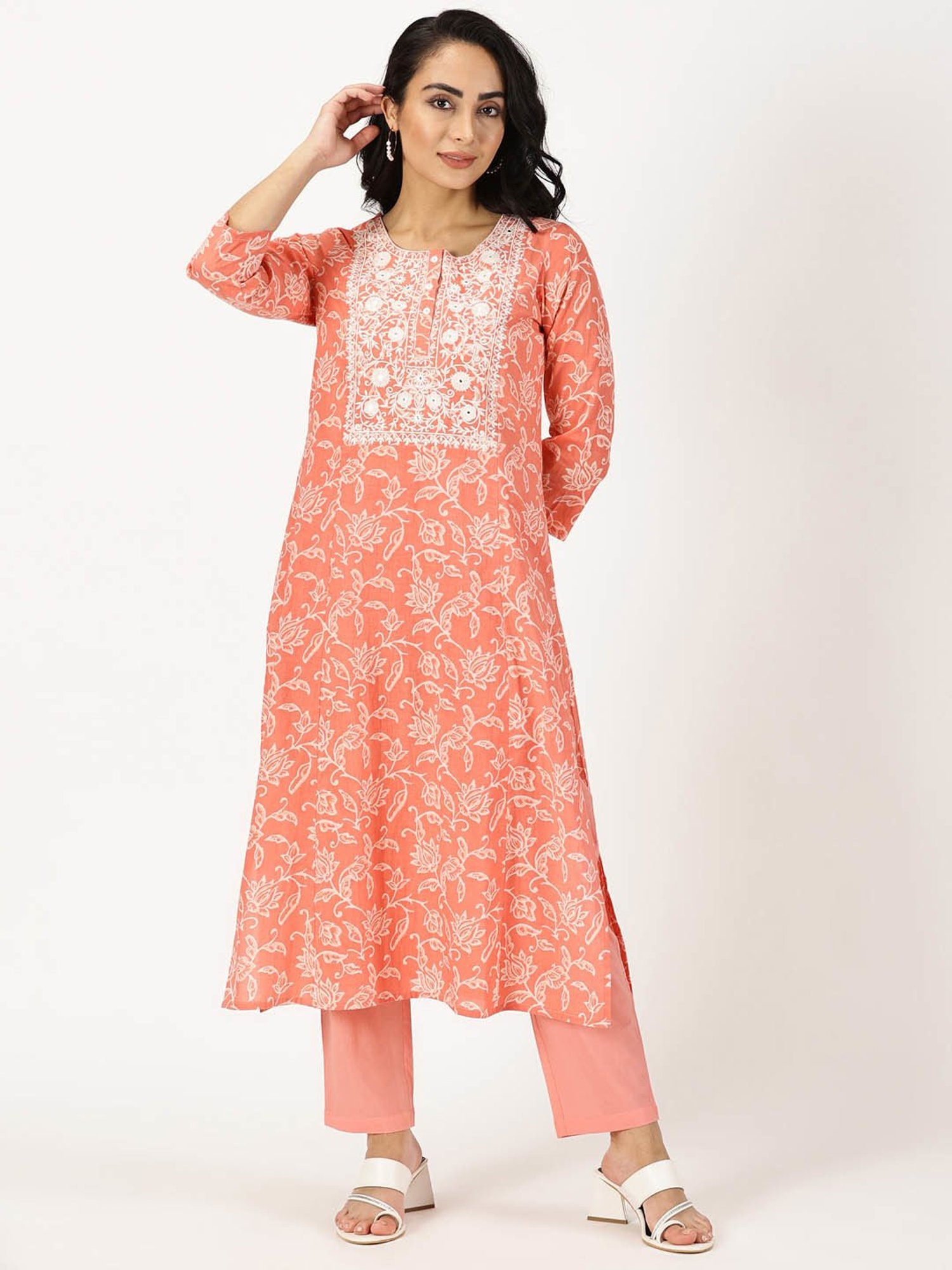 Saffron Threads Coral Cotton Floral Print Straight Kurta