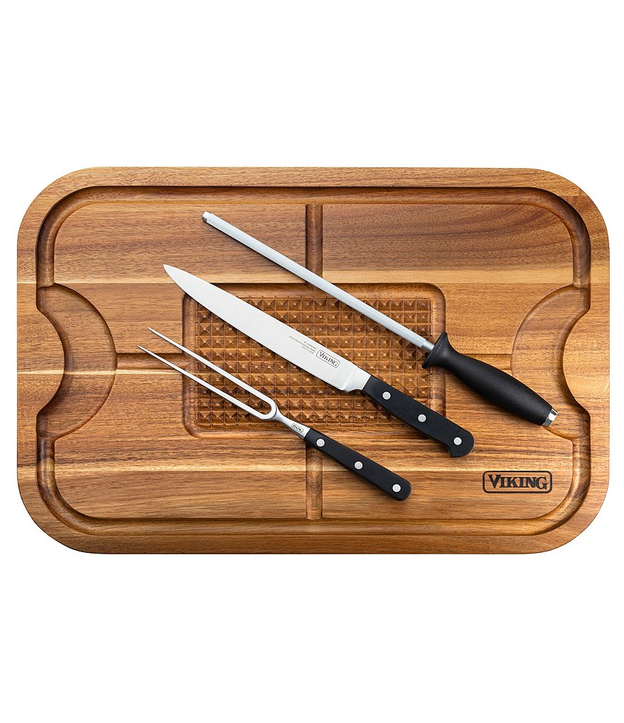 Viking Acacia Wood Cutting Board with 3-Piece German Steel Carving Set