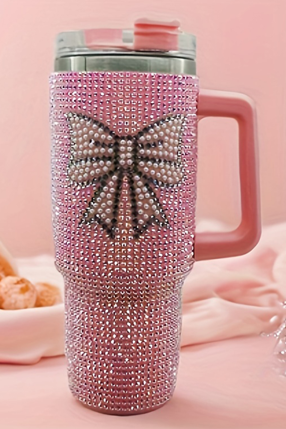 Pink Checkered Print Handled Stainless Steel Tumbler Cup